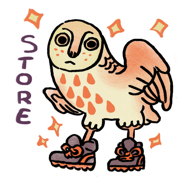 owl-like harpy wearing sick trainers. text reads "store."