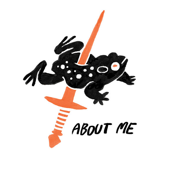 a black toad being pierced through by a dagger. text reads "About me."