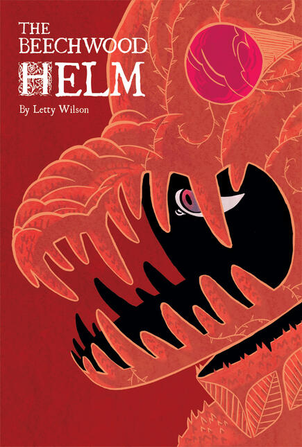 front cover of the Beechwood helm, showing a red knight's helmet with a snarling beast as a visor, and haunted-looking eye of the wearer inside.