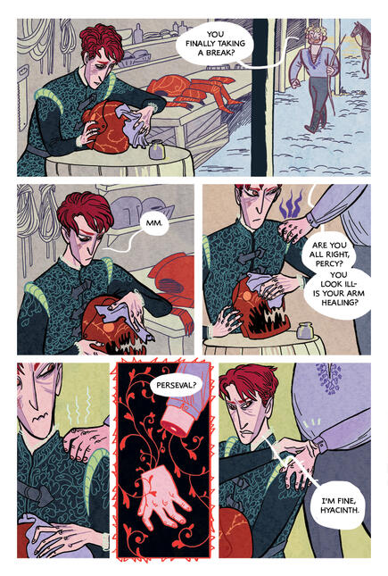 19th page of the comic, Perceval is polishing the armour, and having intrusive thoughts about hyacinth being injured.