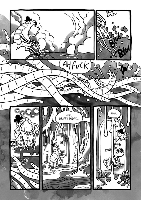 3rd page of the comic, showing the louse being stampeded by worms while fishing, then getting home to find its house is flooding.