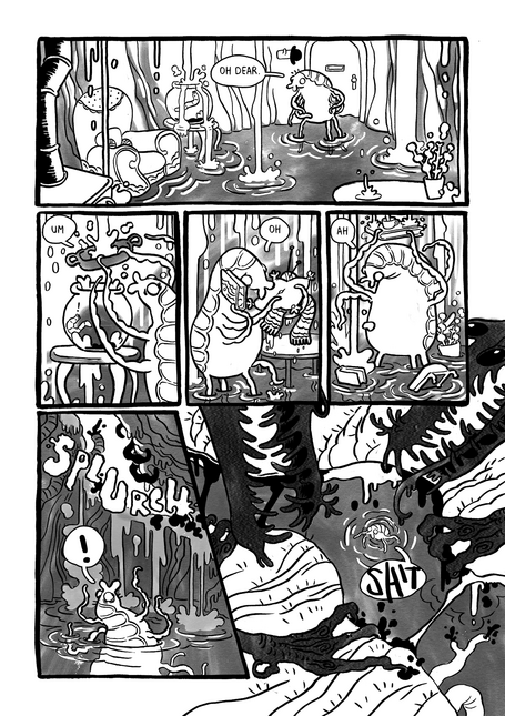 4th page of the comic, showing the louse's host being torn open by predators who are eating it.