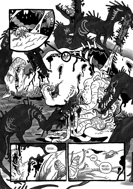 5th page of the comic, showing the louse escaping its dying host and meeting another louse.