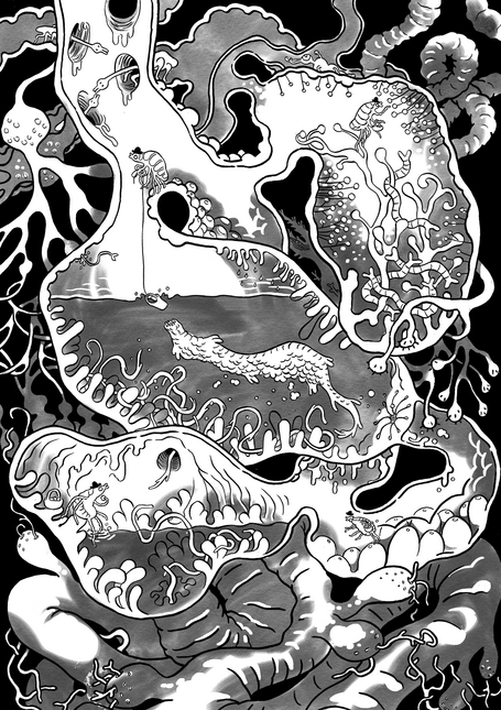 2nd page of the comic. the louse is journeying through the guts of its host on various errands.