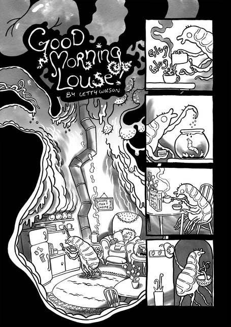 black and white comic page titled Good Morning Louse, showing a louse's home inside some orifice of a great creature.