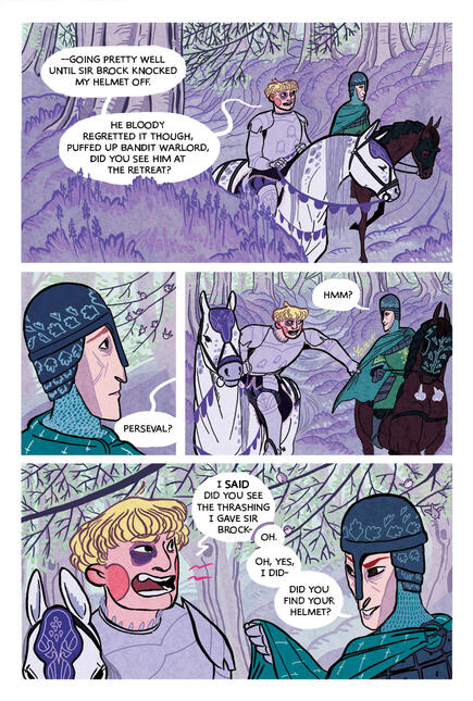 2nd page of the comic, showing 2 nights riding through the woods, arguing about the previous battle.