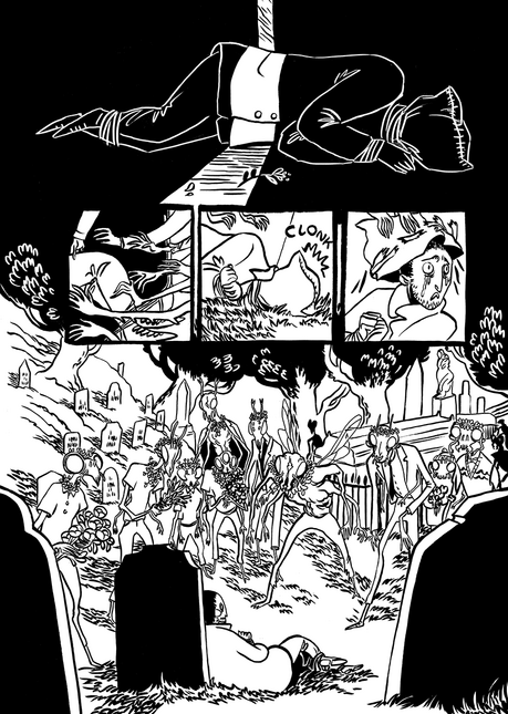 black and white comic page showing a person tied up with a bag over their head, being hauled into a graveyard full of scary bug people.