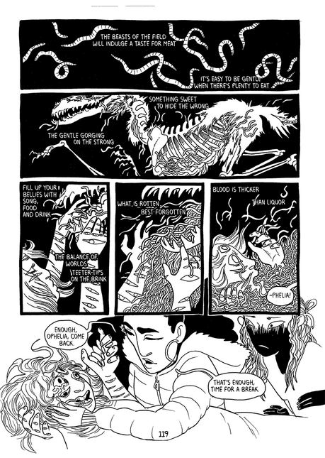 black and white comic page showing a witch's prophecy, a fox skeleton full of worms. the other witches are pulling the oracle out of the trance at the bottom of the page.