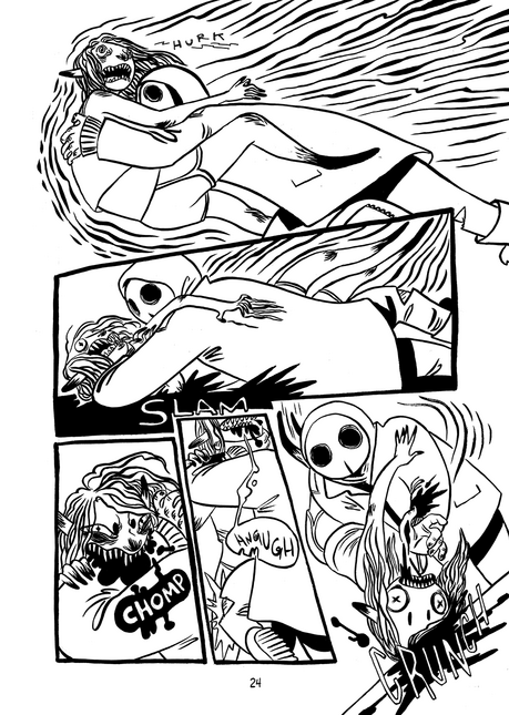 black and white comic page showing a fight between a guy in an owl mask and some kind of feral fox person