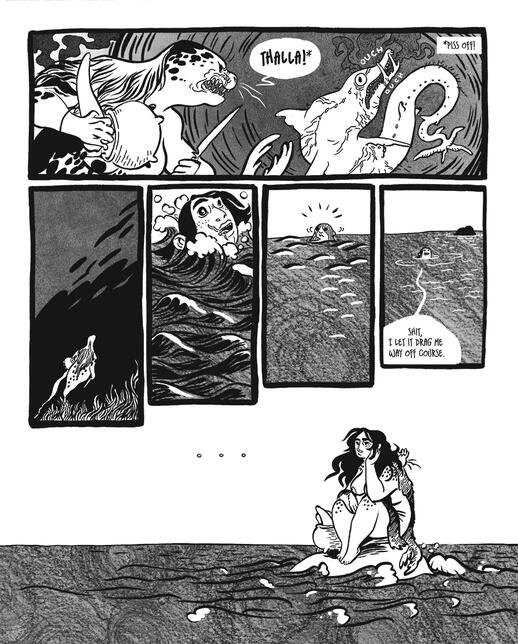 the selkie surfaces, changing to her human form to sit on a rock.