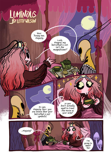 comic showing the queen of the moths sitting in bed and discussing with her assistant how she will marry the moon.