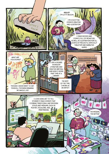 a comic page showing me, an artist who lives under a stone in your garden, and explaining how I came to be an artist.