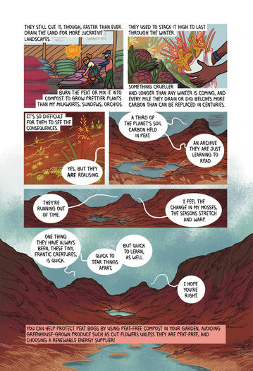 comic page showing garden centres and florists htat use peat products, ten zooming out to show mountains talking to eachother, wondering if humans can change their habits before it's too late.