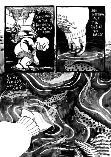 black and white comic showing the child dipping their hand in the water, and finding newts there.