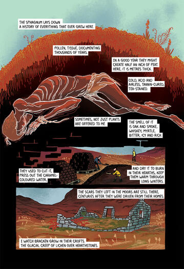 a comic page showing a bog body under the moss, and people cutting peat, then a ruined crofter's house.
