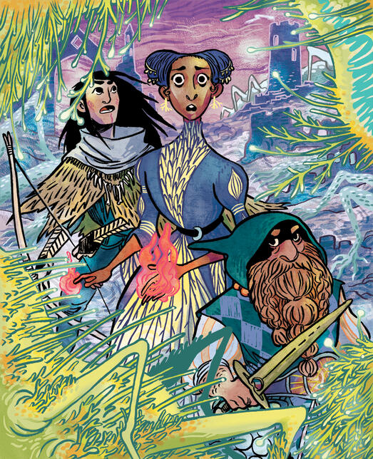 a trio of fantasy adventurers facing up against a monster, visible only at the edges of the pages. the adventurers are a ranger with bow, a sorceror with fiery hands, and a dwarf with sword, all looking daunted by the monster.