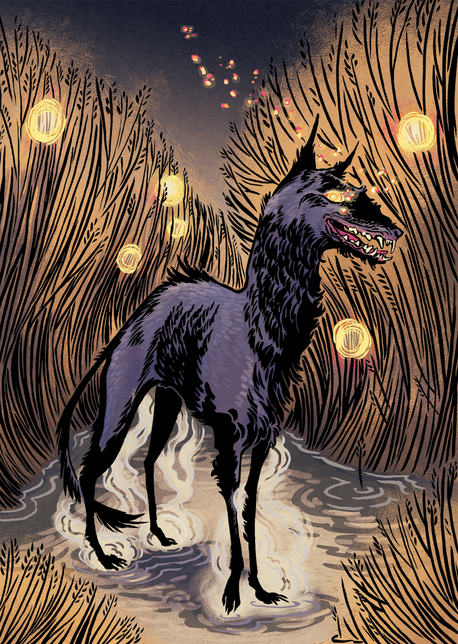 A black dog with glowing eyes, surrounded by ember-like lights, standing in a reedbed. steam rises from its feet were it stands on the water's surface.