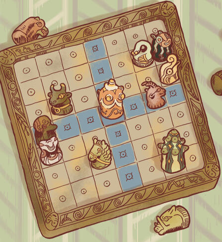 gwyllbwyll board, a kindo f game board with carved pieces in the shape of strange animals.