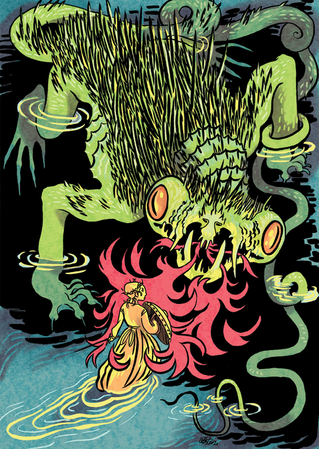 a spiny, toadlike dragon faces off against a heroine with a shield, wading through water towards it. the dragon breathes fire which is rebuffed by the sheild.