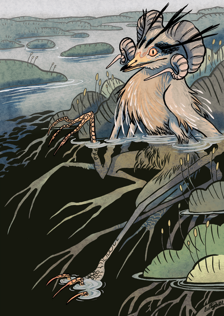 a monster crouched in a swamp, partly submerged. it is heronlike with ram's horns, and six veyr long spindly legs like bird feet.