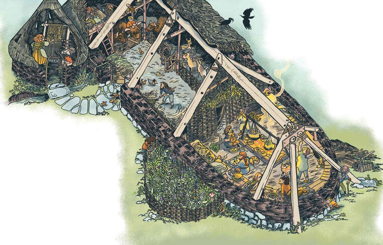 illustration of a pictish bytehouse, with cutaway areas to show the construction of the frame, walls and thatched roof, as well as the interiors. many children and adults are shown working, relaxing and playing throughout, as well as domestic and wild anim