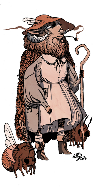 a sheep with a shepherd's crook, and two large bumblebees, part of their flock.