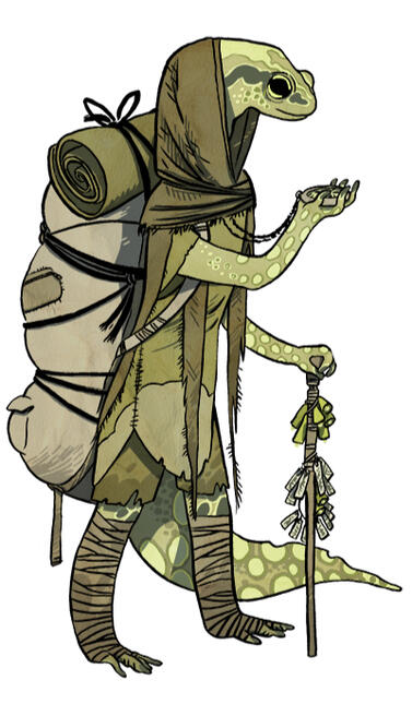 a newt wearing worn traelling clothes and a large backpack. looking at a compass and leaning on a walking stick hung with bells.