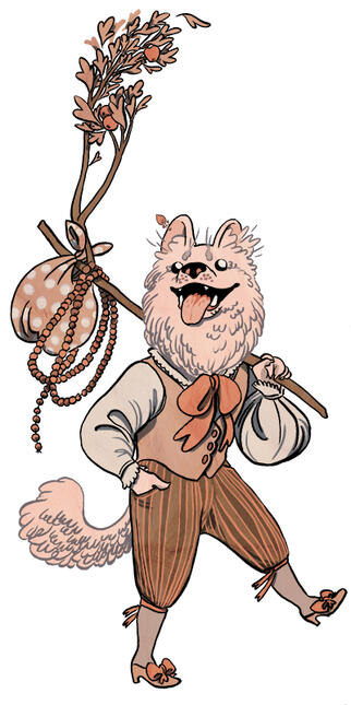 an anthro Samoyed dog, with a daft expression. holding a bindle made from an apple bow with fruit, and wearing dandyish clothes.