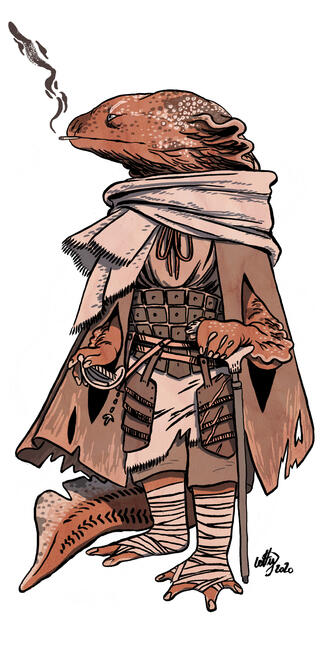 a hellbender, smoking a cigarette and leaning on a waking stick. they wear armour hidden under a ragged cloak.