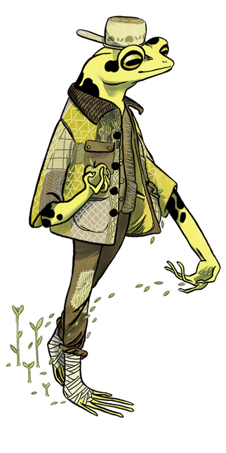 a golden toad scattering seeds as they walk. they wear a saucepan as a hat, and hold an apple.