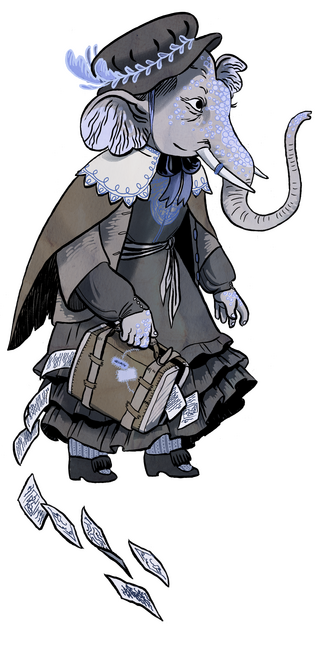 An indian elephant wearing a large frilly hat and carrying a suitcase full of papers, which are overflowing and blowing away in the breeze.