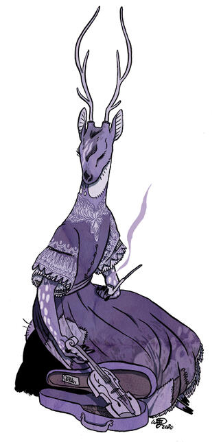 an anthro deer, based on the chital, wearing a lacy gown, and holding a violin and a smoking pipe. She looks wistful.