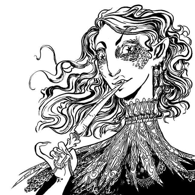 black and white portrait of an elf with star-shaped pupils and wispy hair. they hold a dagger to their lips, coquettishly.