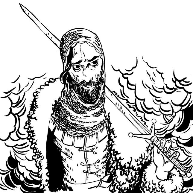 black and white portrait of an adventurer with a grizzled beard, a longsword propped on their shoulder, and wearng heavy furs and armour.