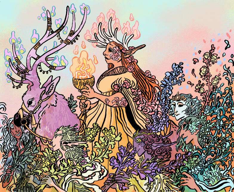 a group of fairies, led by a wiman riding a caribou and holding a chalice in which a fiery white worm coils. the fairies carry armfuls of flowers, trailing petals behind them.