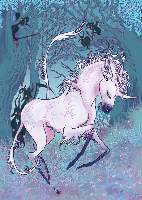 a unicorn frolics in a glade, pale and sylphlike. in the trees around it, shadowy horned figures watch.