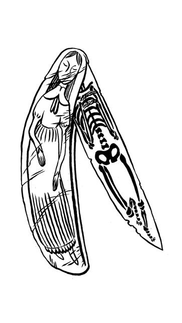 a folding pocket knife, the handle engraved with a girl in old fashioned clothing. the blade is engraved with her skeleton.