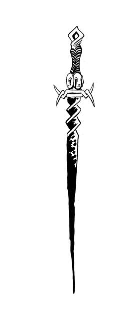 a very thin and cruel looking dagger with a twisted hilt decorated with weeping faces.