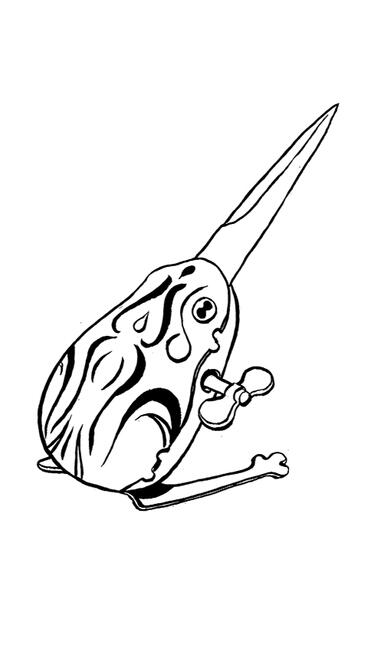 A windup clockwork frog toy with a knife blade sticking from its nose.