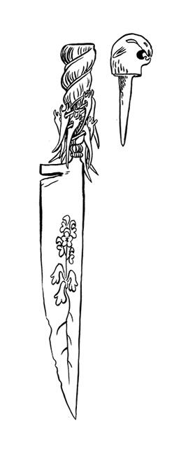 Aconite Knife a hunting knife with sharp teeth tied around the hilt and a flower engraved n the blade. the top of the hilt comes off, a small stake with the top shaped like a vampire head.