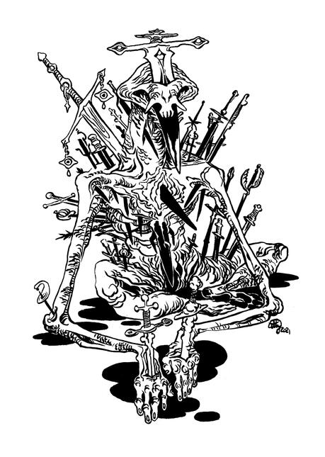 The Sword Librarian black ink drawing of a cadaverous figure run through by many swords. some are pinning its hands to the ground, and one spears through its top jaw.