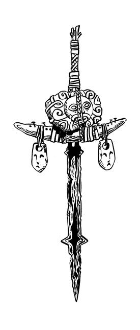 A longsword with large carvedstones attached, each made to look like a celtic depiction of a face.