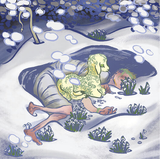 A figure lying frozen in the snow during a blizzard. a lamb with green eyes lies in the lee of their body. snowdrops poke through the snow around them.