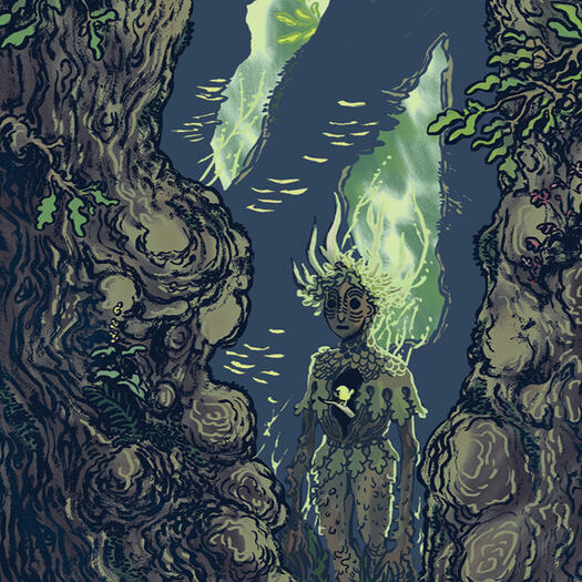 illustration of an ancient oak, with a figure standing in the hollow centre of it. their chest in turn is hollow, with a small golden bird perched inside.