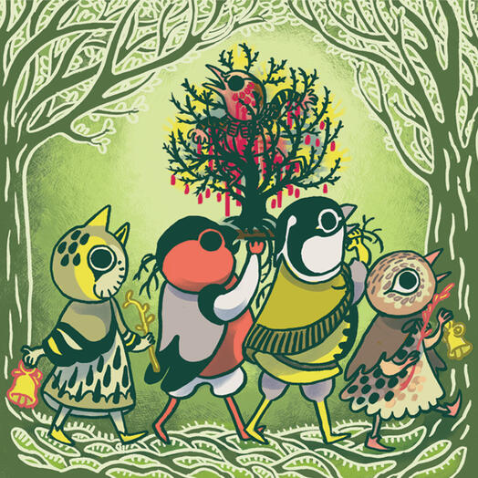 a procession of people in bird costumes, carrying a gorse bush through the forest. a wren person is caugt in the gorse bush, bleeding from its thorns.