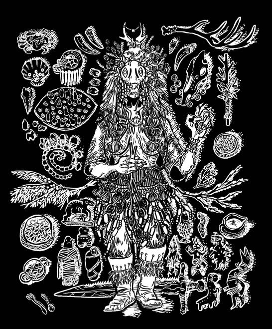 A mummified shaman reclining in her tomb, surrounded by grave goods, including clay icons, antlers, a sword, and vessels full of seeds.