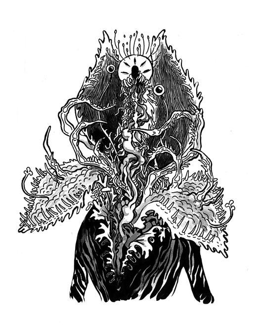 a human figure that explodes into a grotesque monster at the head, petal-like folds of toothed flesh unfolding to reveal a skull and eyes on independent tendrils, and a nest of curved hooklike appendages.