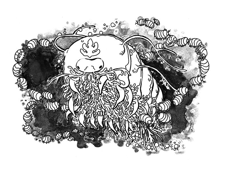 a strange isopod-like creaturem its underbelly a mass of tendrils, surrounded by looping strings of smaller isopods.