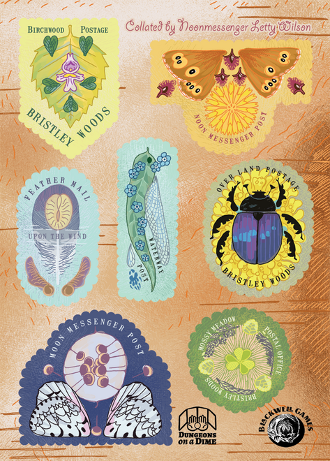 A sheet of postage stamps made from different seeds, leaves and other natural materials, represention different postal division in the Scurry world.