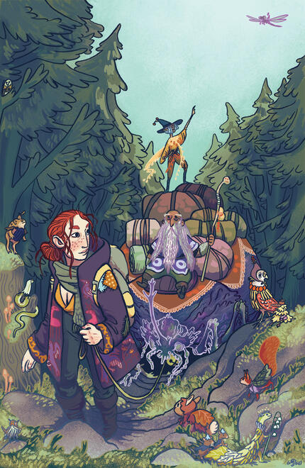 An adventure party travelling up a wooded hill. one figure, a woman in a heavy coat, leads an enormous beetle laden with luggage, a dwarf and an elf perched on top. small animals wearing clothes made from leaves and flowers watch them pass in the foregroun